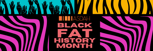 Banner for Black Fat History Month with bright pink, mustard, and teal colors in a zebra print pattern.