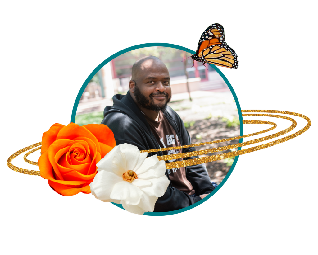 Image of Kiese Laymon with planetary rings, flowers and butterflies framing his photo.