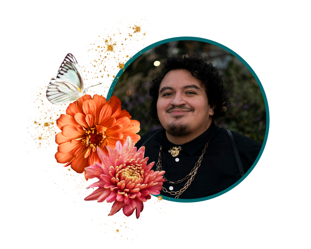 Image of Caleb Luna, flowers and a butterfly adorn the frame.