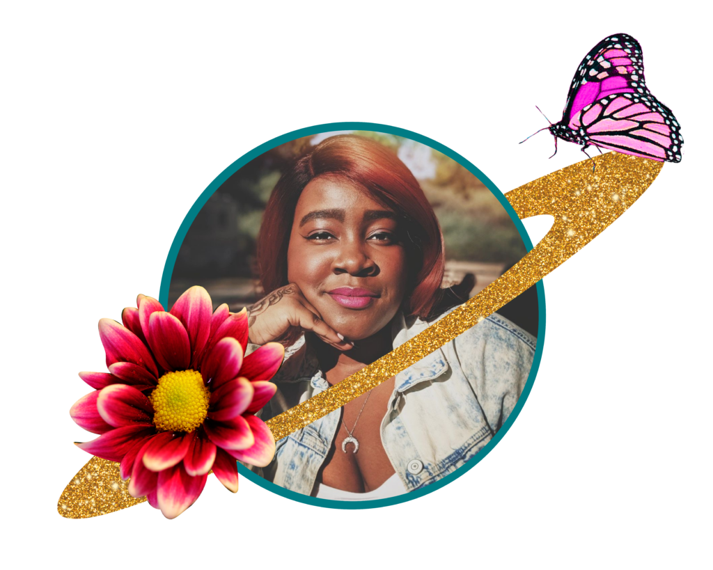 Image of Clarikisha Kent. The frame is adorned by a flower, butterfly, and gold glittery rings lie those of a planet