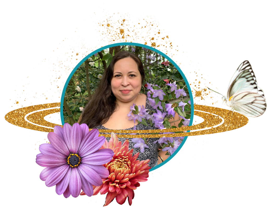 Image of Cory Lira with flowers, gold rings (like around a planet), and a butterfly around the frame.
