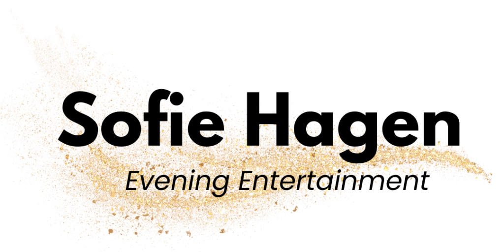 Black text reading 'Sofie Hagen, Evening Entertainment' over golden swoosh of sparkly stars