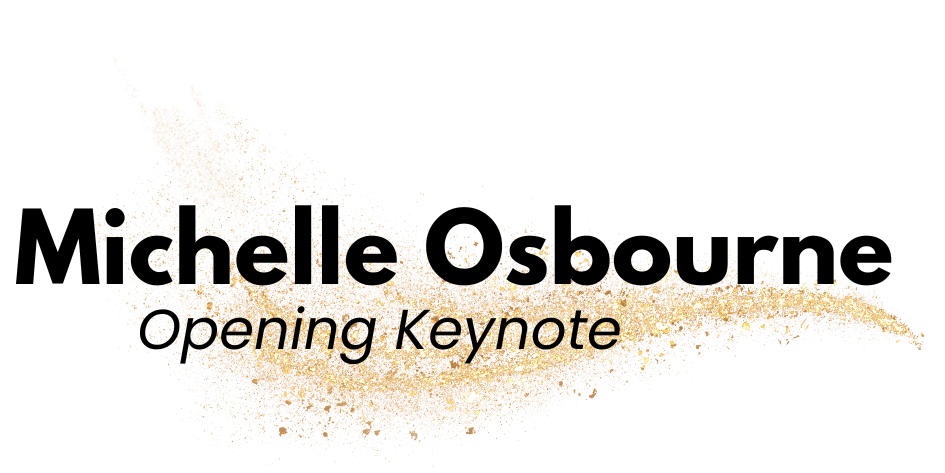 Black text reading 'Michelle Osbourne, Opening Keynote' over golden swoosh of sparkly stars