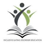 Inclusive Eating Disorder Education logo: dark blue and sage green people graphics springing from a book