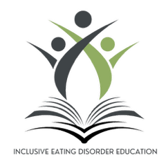 Inclusive Eating Disorder Education logo: dark blue and sage green people graphics springing from a book