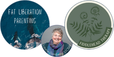 Logo for Fiddlehead Therapy with three circles. The first says Fat Liberation Parenting, the middle one is an image of owner Laurie Ganberg, LISCW, and the third is an image of a fiddlehead fern and reads "Fiddlehead Therapy"