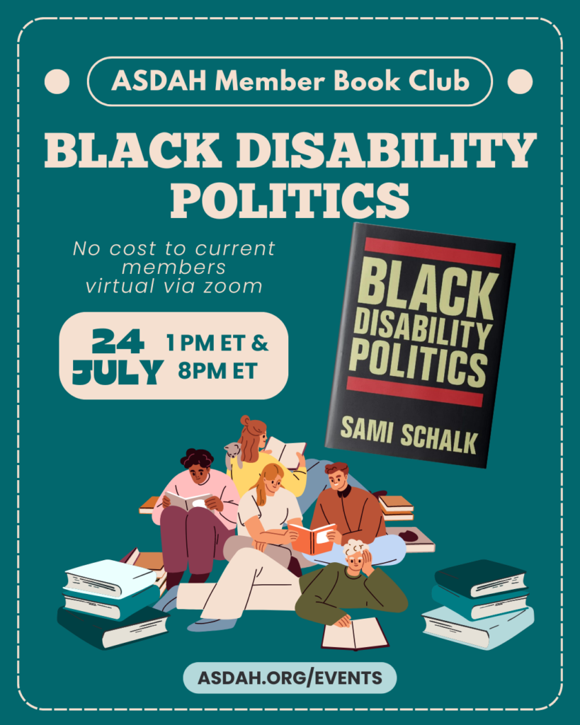 Event flier with a group of people among stacks of books, a picture of the book cover (Black Disability Politics), and event details (same as to the right.)