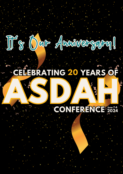 Conference workbook cover image. Gold ribbons with text "It's Our Anniversary! Celebrating 20 years of ASDAH. Conference June 7-8, 2024"