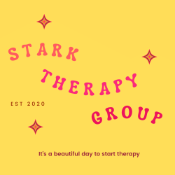 Yellow square with pink stars and text reading "Stark Therapy Group, est 2020. It's a beautiful day to start therapy"