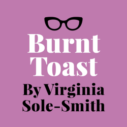 Burnt Toast logo - deep lavender square with cat eye glasses graphic and text "Burnt Toast by Virginia Sole Smith"